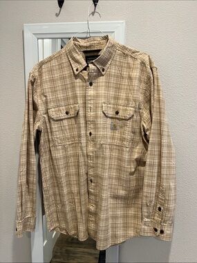 Men’s Carhartt Beige/Tan Plaid Long Sleeve Loose Fit Work Shirt